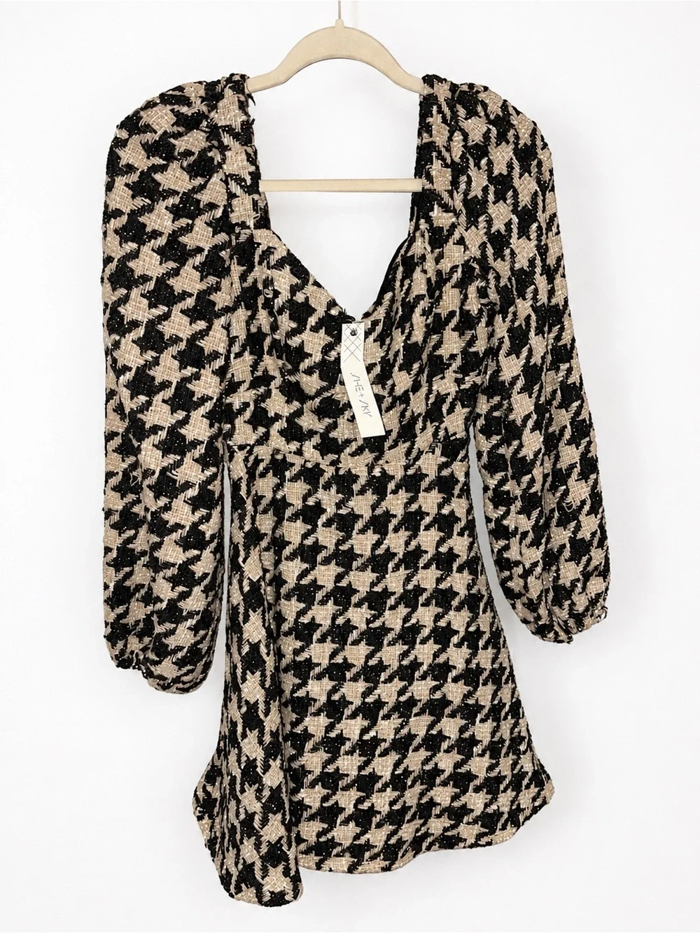 Black & Gold Houndstooth Long Sleeve Mini Dress – Sparkle Textured Party Dress